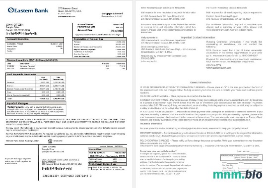 USA Eastern Bank wyciąg z kredytu hipotecznego w formatach Word i PDF